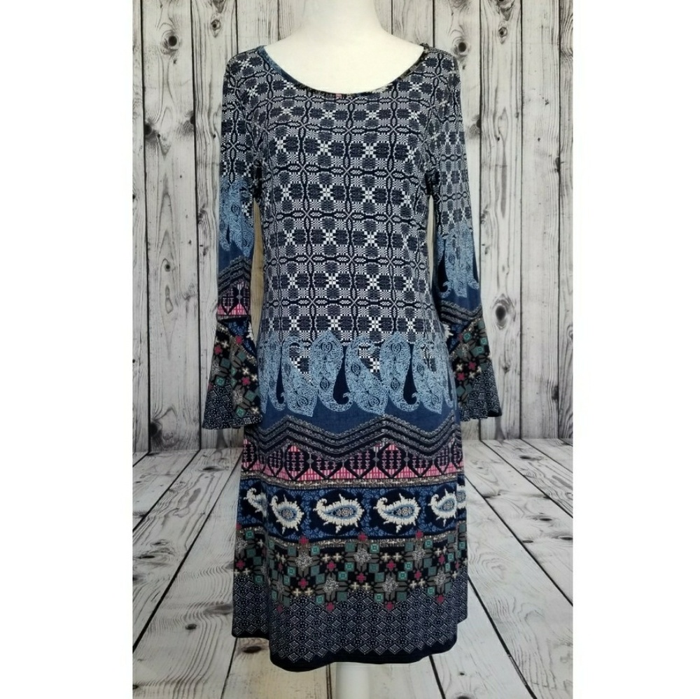 Millibon Blue Paisley Bell Sleeve Dress Size Small